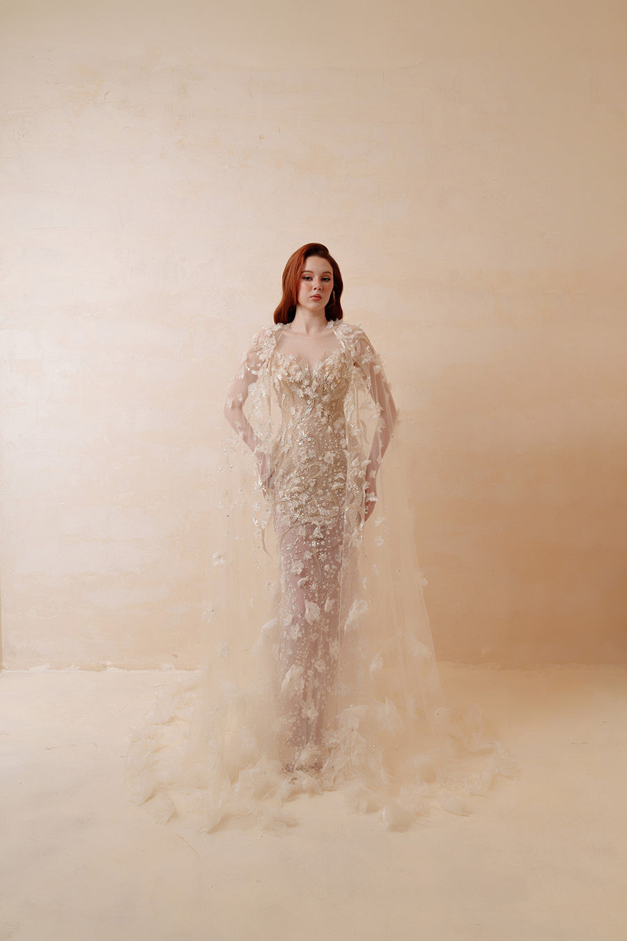 Gilded Glamour Beaded Mermaid Gown - Sculptural Cascading Sleeves & Sweep Train - Champagne Formal Dress CAPE Evening Gowns ressalina2