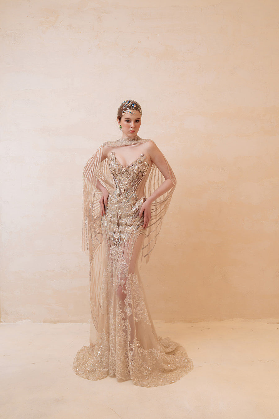 Blushing Petals Beaded Mermaid Gown - Champagne Formal Dress with Pink Floral Hip Detail & Sweep Train CAPE Formal Dresses ressalina2