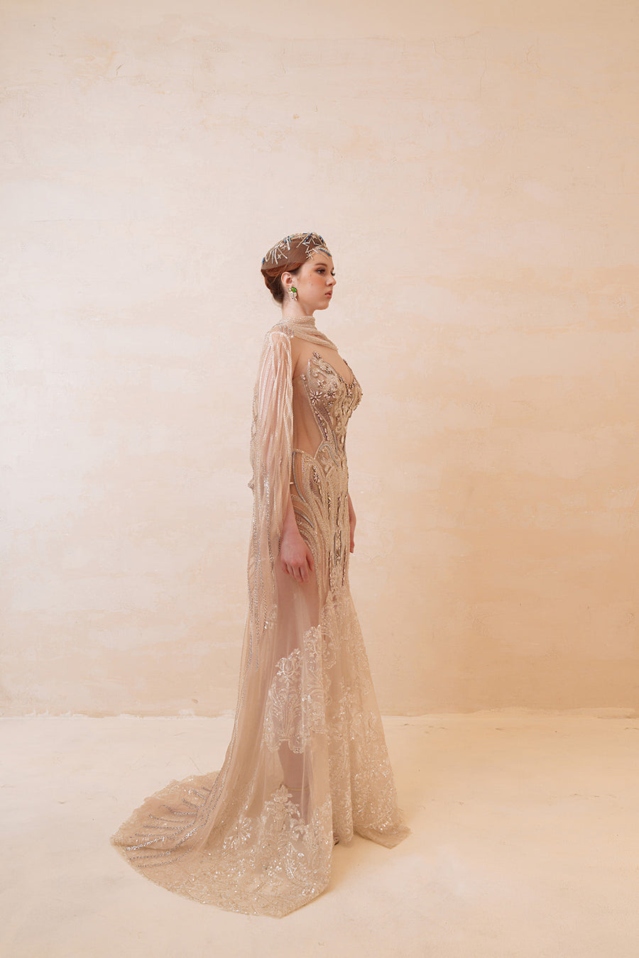 Blushing Petals Beaded Mermaid Gown - Champagne Formal Dress with Pink Floral Hip Detail & Sweep Train Formal Dresses ressalina2