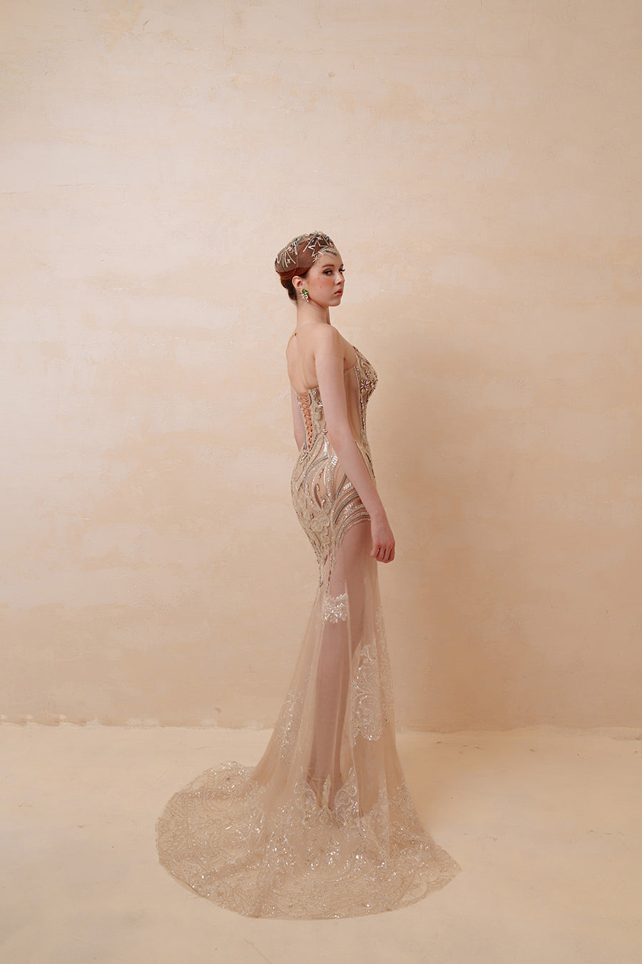 Blushing Petals Beaded Mermaid Gown - Champagne Formal Dress with Pink Floral Hip Detail & Sweep Train Formal Dresses ressalina2