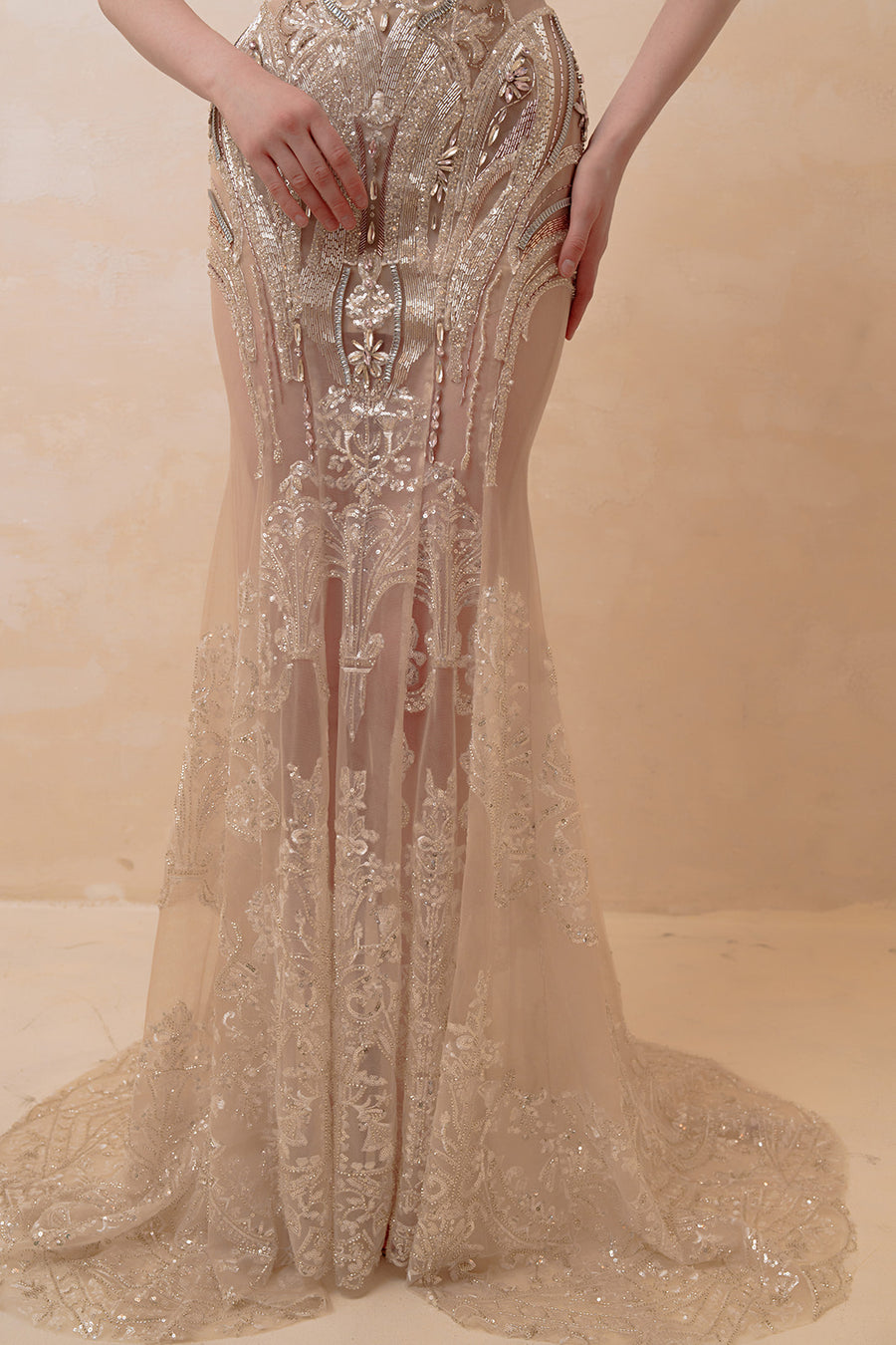 Blushing Petals Beaded Mermaid Gown - Champagne Formal Dress with Pink Floral Hip Detail & Sweep Train Formal Dresses ressalina2