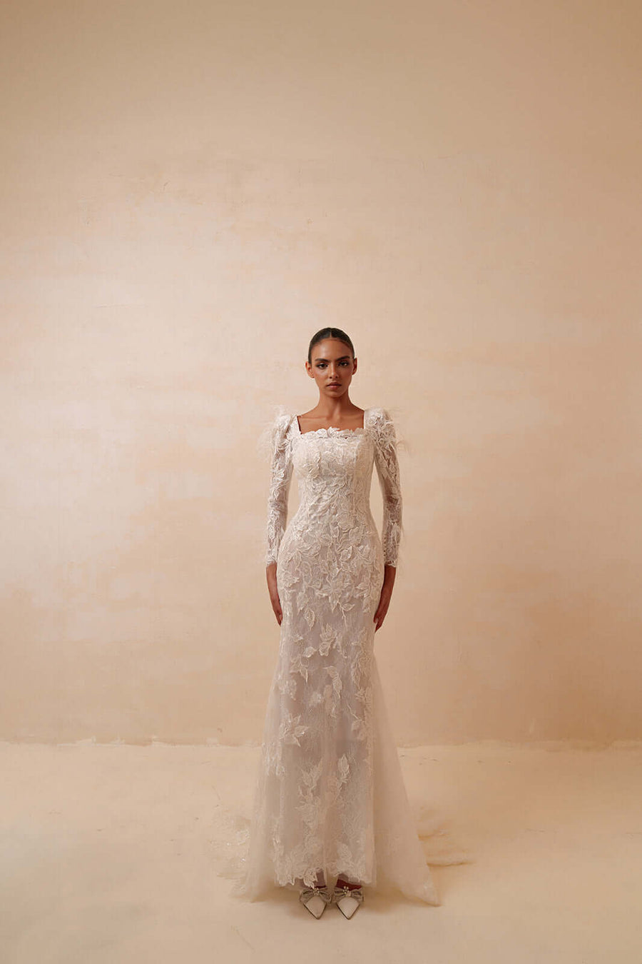 French Lace Feather Sleeve Wedding Gown - Square Neck Modest Bridal Dress |ressalina Wedding & Bridal Dresses ressalina2