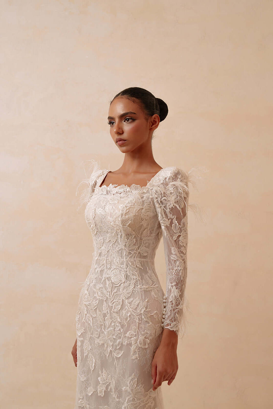 French Lace Feather Sleeve Wedding Gown - Square Neck Modest Bridal Dress |ressalina Wedding & Bridal Dresses ressalina2