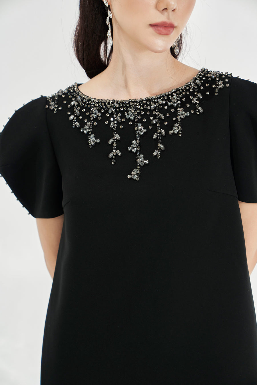 Black Shift Dress with Statement Puff Sleeves and Beaded Neckline CHANCOS