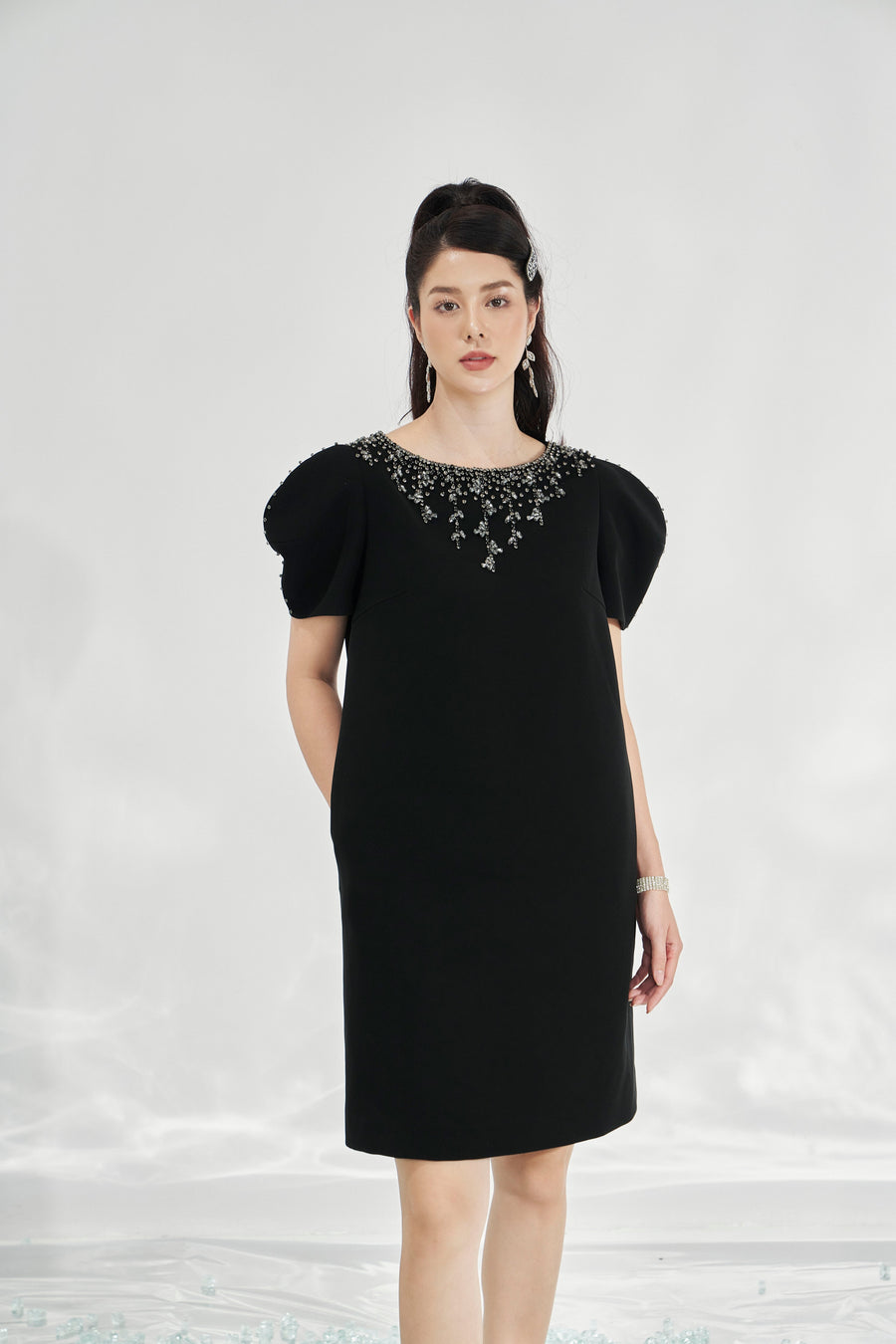Black Shift Dress with Statement Puff Sleeves and Beaded Neckline CHANCOS