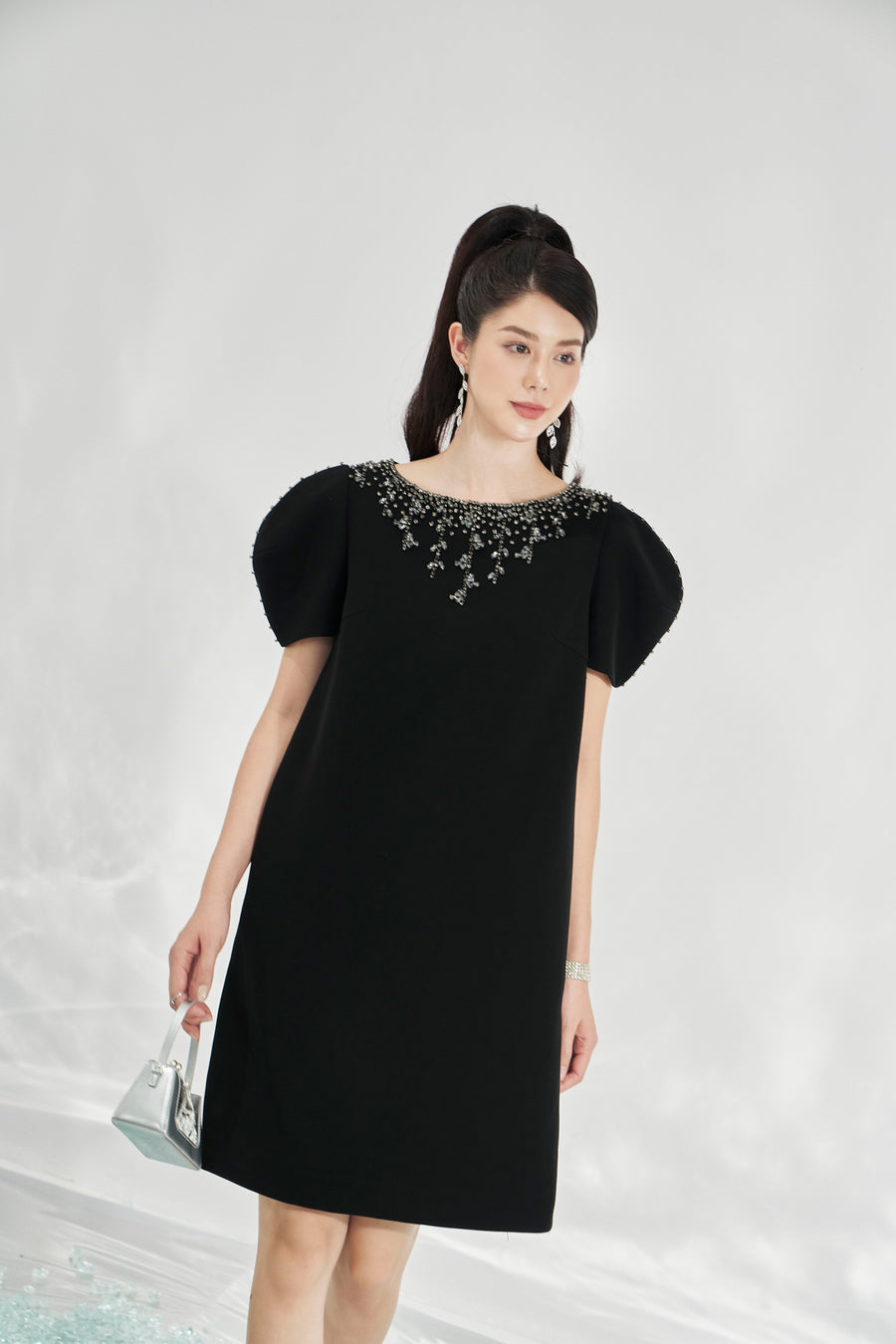 Black Shift Dress with Statement Puff Sleeves and Beaded Neckline CHANCOS