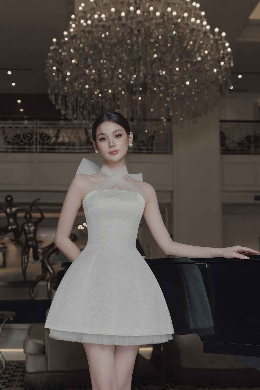 Anna A-line Crossover Neck Polyester Mini Dress