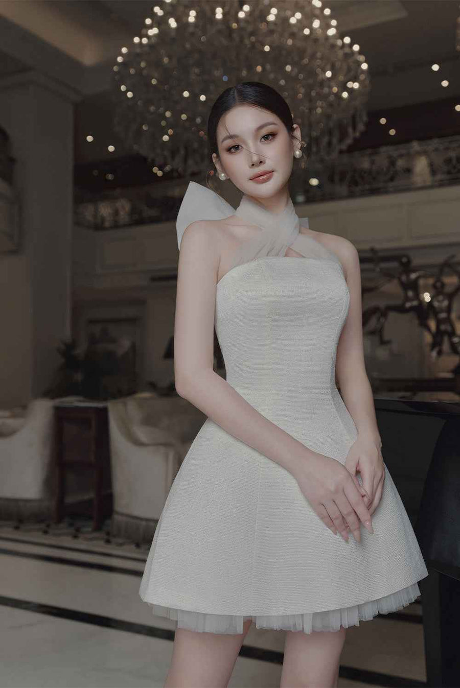 Anna A-line Crossover Neck Polyester Mini Dress