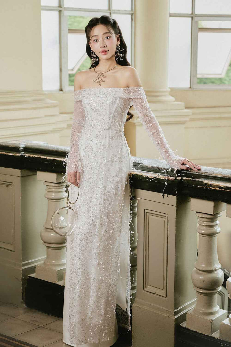 Minh Chau Sheath Bead Silk Lace Floor Length Ao Dai Set