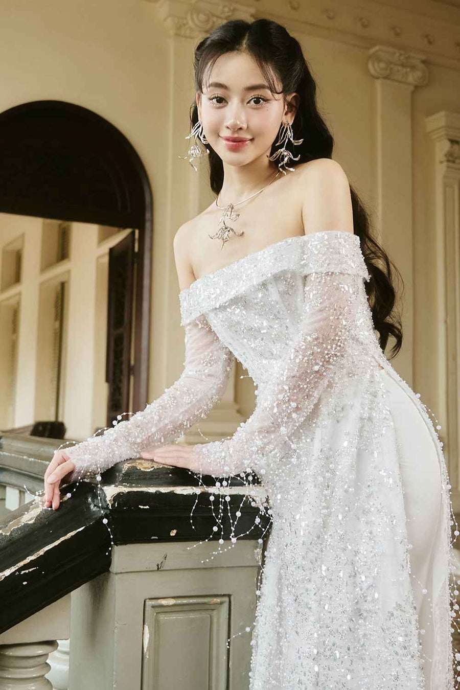 Minh Chau Sheath Bead Silk Lace Floor Length Ao Dai Set