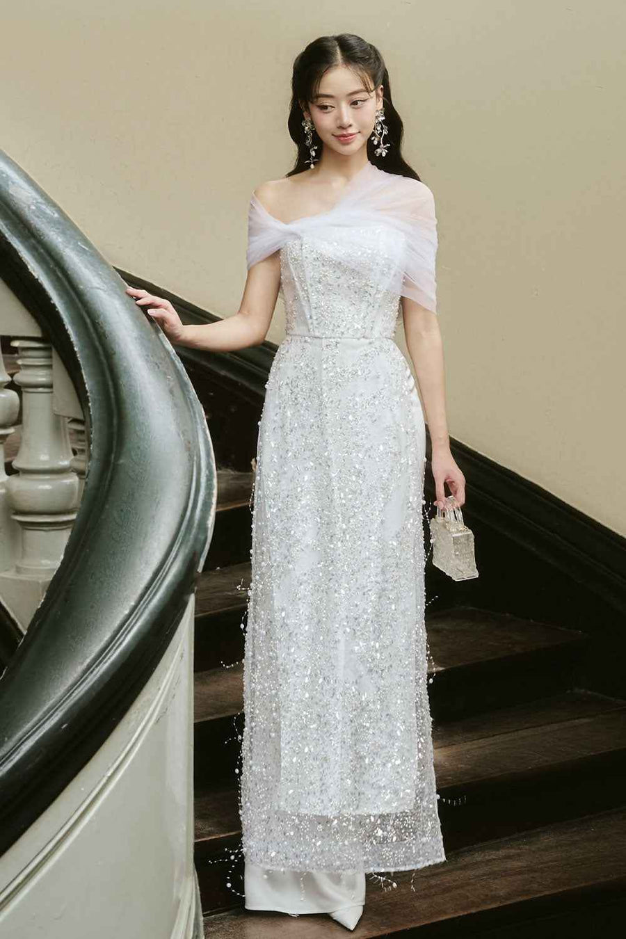 Thien Kim Sheath Sequin Silk Lace Floor Length Ao Dai Set