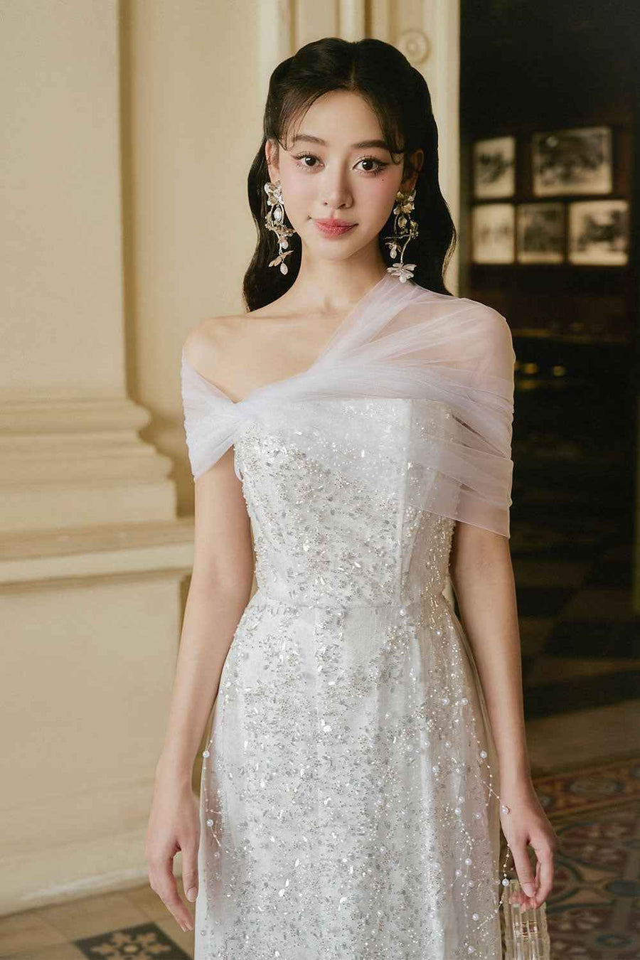 Thien Kim Sheath Sequin Silk Lace Floor Length Ao Dai Set