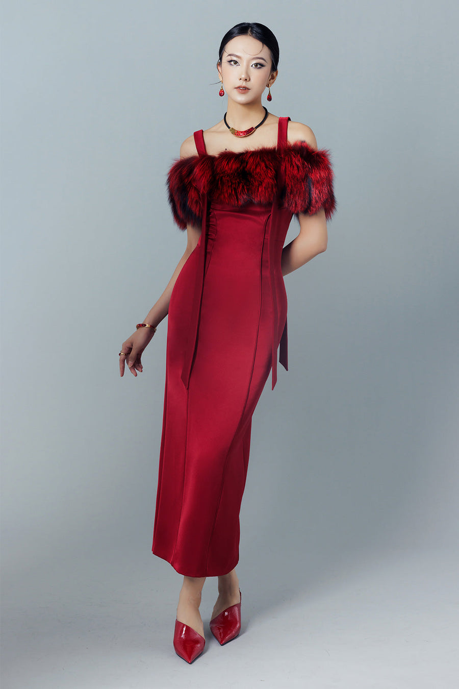 Odette Pencil Cold Shoulder Sleeved Taffeta Midi Dress 5