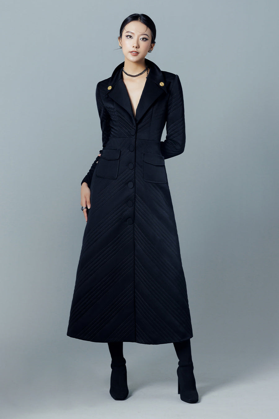 Griselda A-line Notch Lapel Taffeta Midi Trench Coat 6
