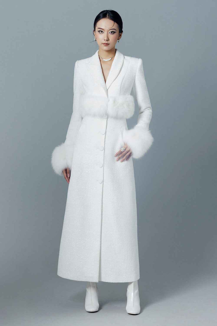 Christina A-line V-Neck Felt Ankle Length Trench Coat