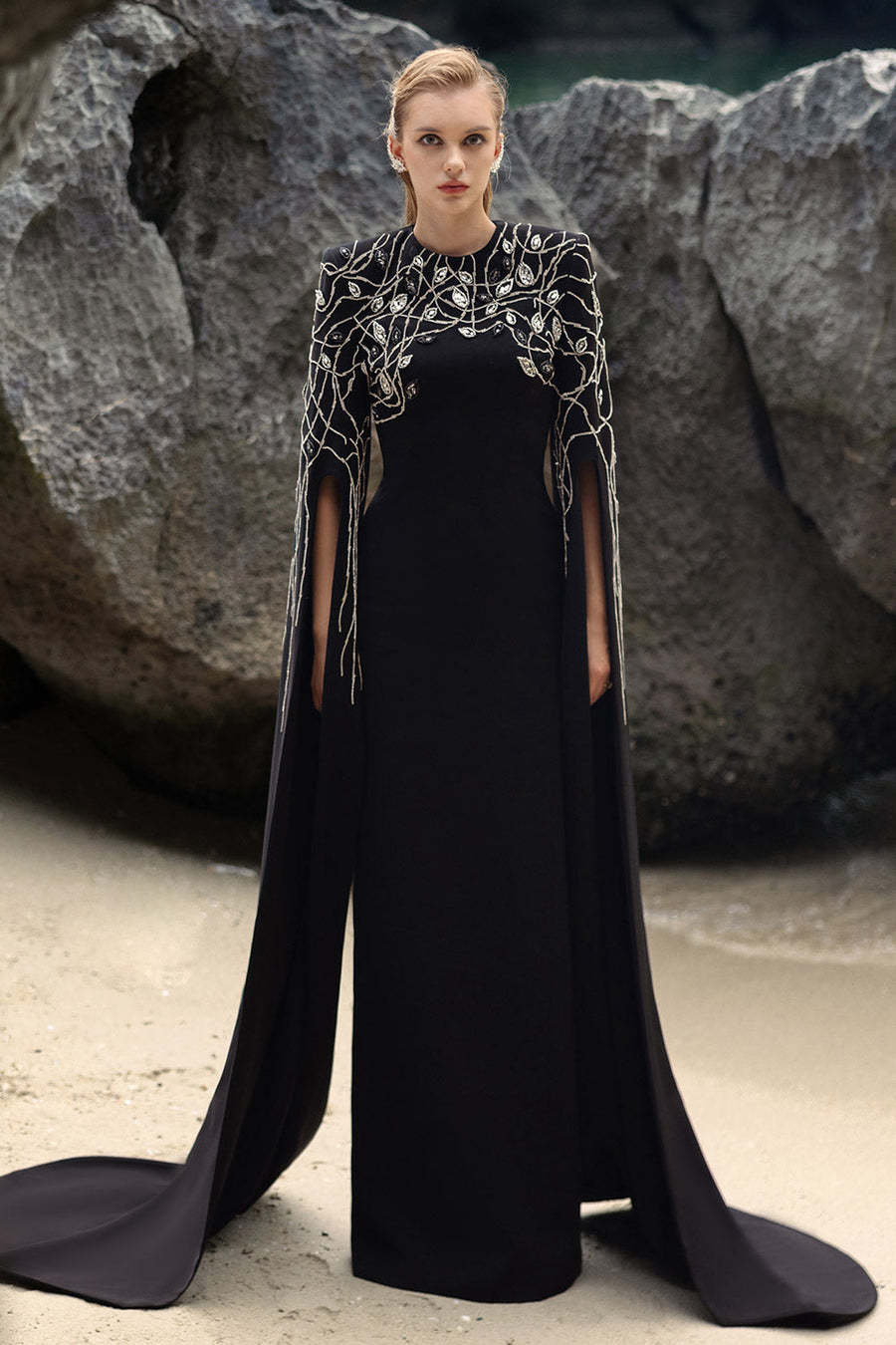 Lacey Sheath Slit Sleeved Velvet Satin Floor Length Dress 1