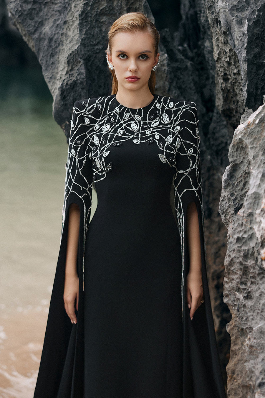 Lacey Sheath Slit Sleeved Velvet Satin Floor Length Dress 3