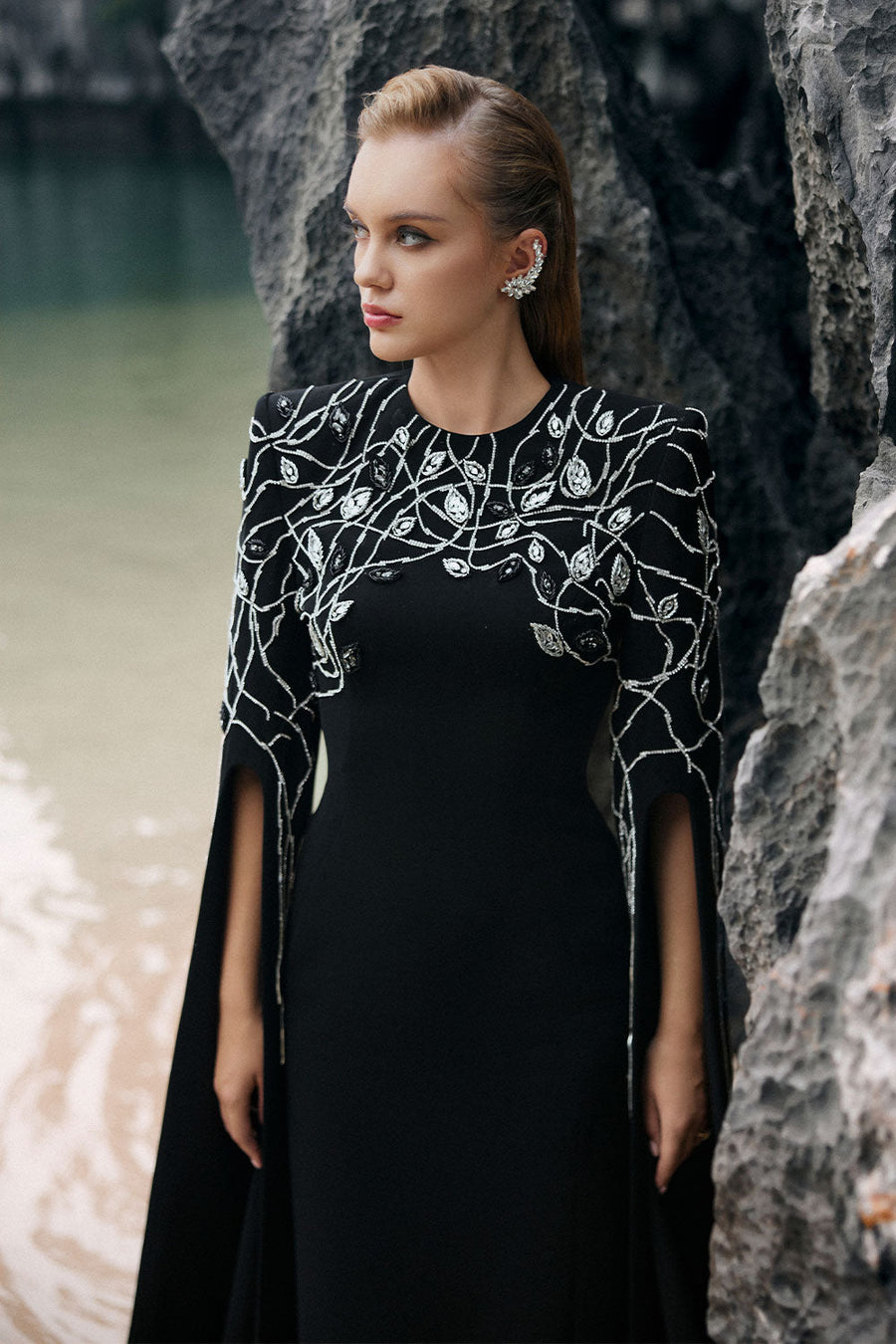 Lacey Sheath Slit Sleeved Velvet Satin Floor Length Dress 2