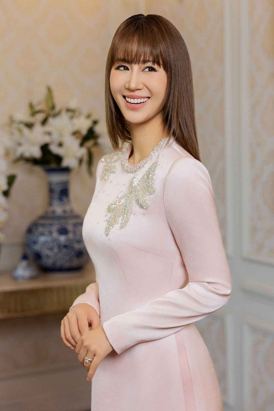 Everlee A-line Bead Taffeta Silk Floor Length Ao Dai
