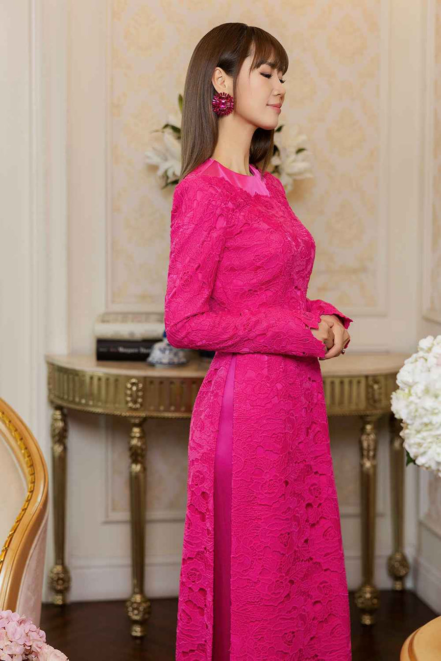 Rebekah A-line Round Neck Silk Lace Floor Length Ao Dai
