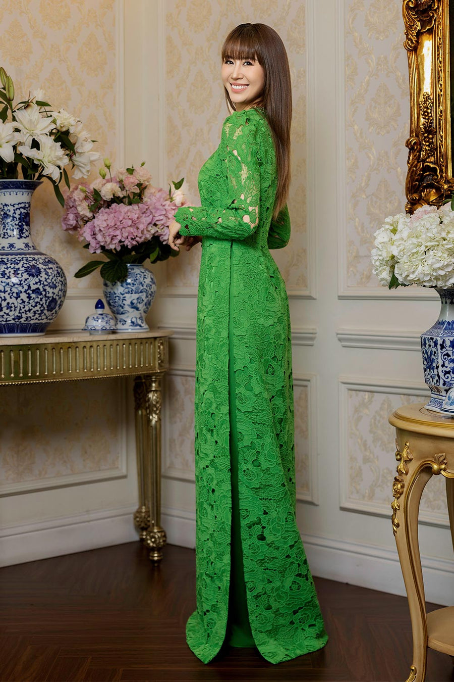 Lucia Sheath Stone Silk Lace Floor Length Ao Dai 4