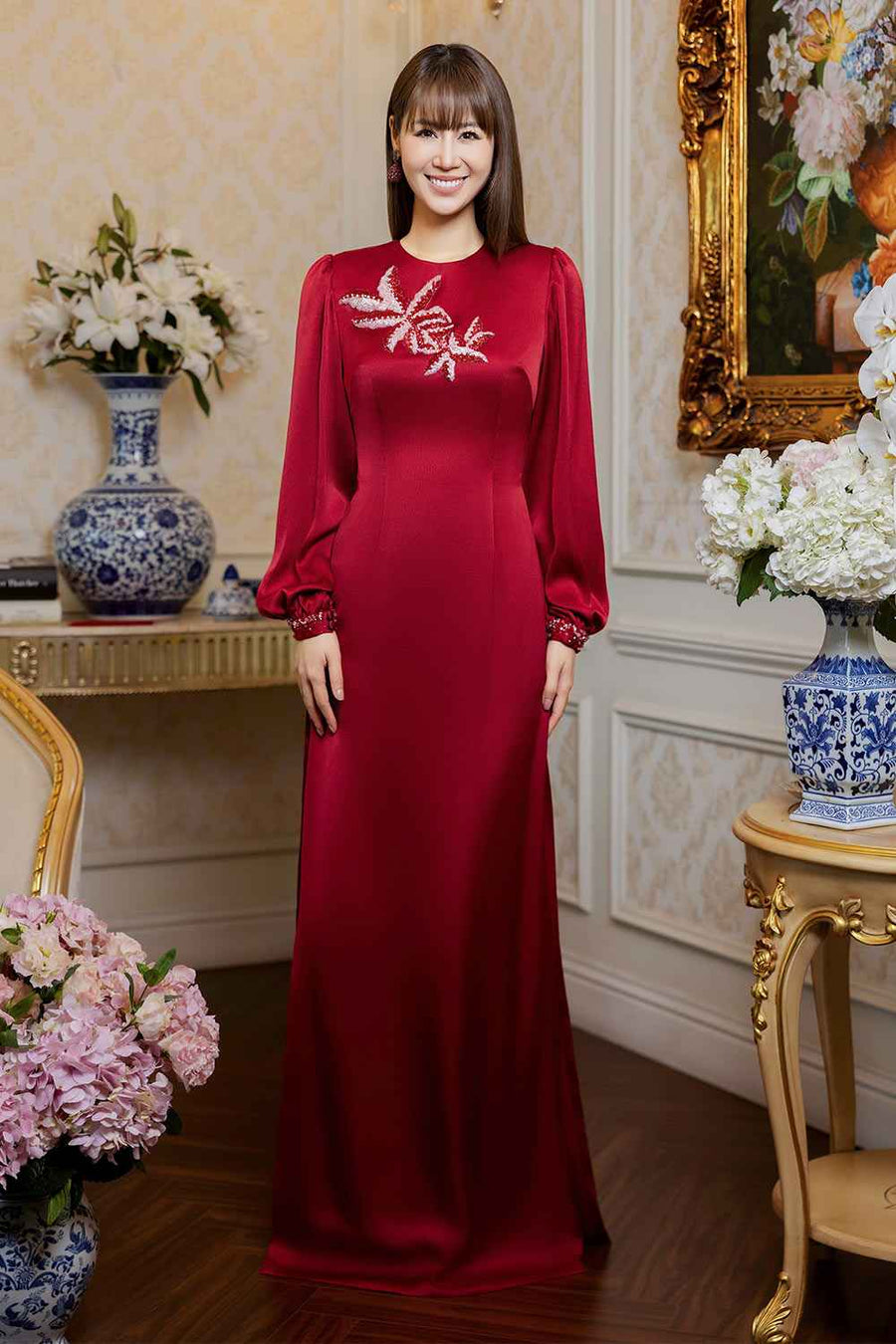 Agate Straight Wide Leg Silk Floor Length Pants