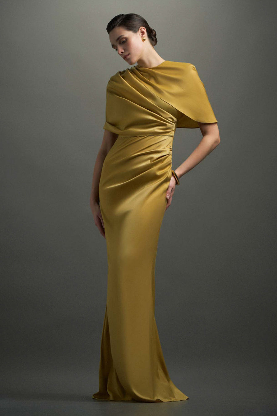 Maia Asymmetric Sleeve Draped Maxi Dress 1