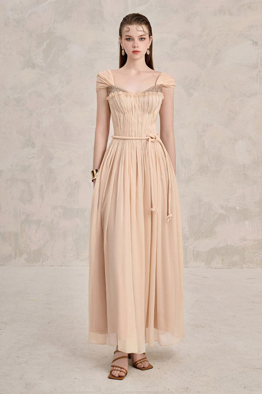 Dilana A-line Pleated Chest Chiffon Ankle Length Dress Maxi Dress LINH PHUNG