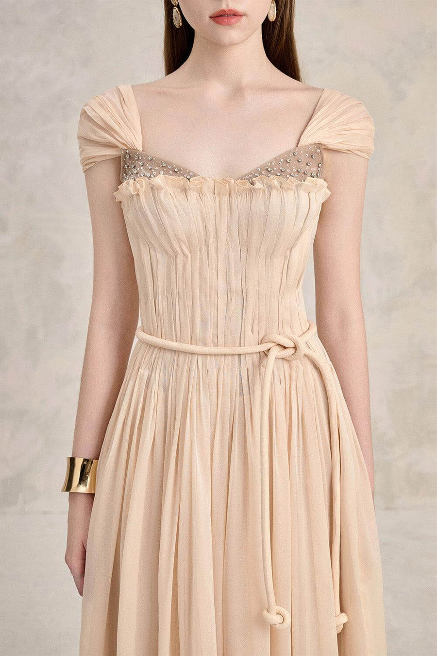 Dilana A-line Pleated Chest Chiffon Ankle Length Dress Maxi Dress LINH PHUNG