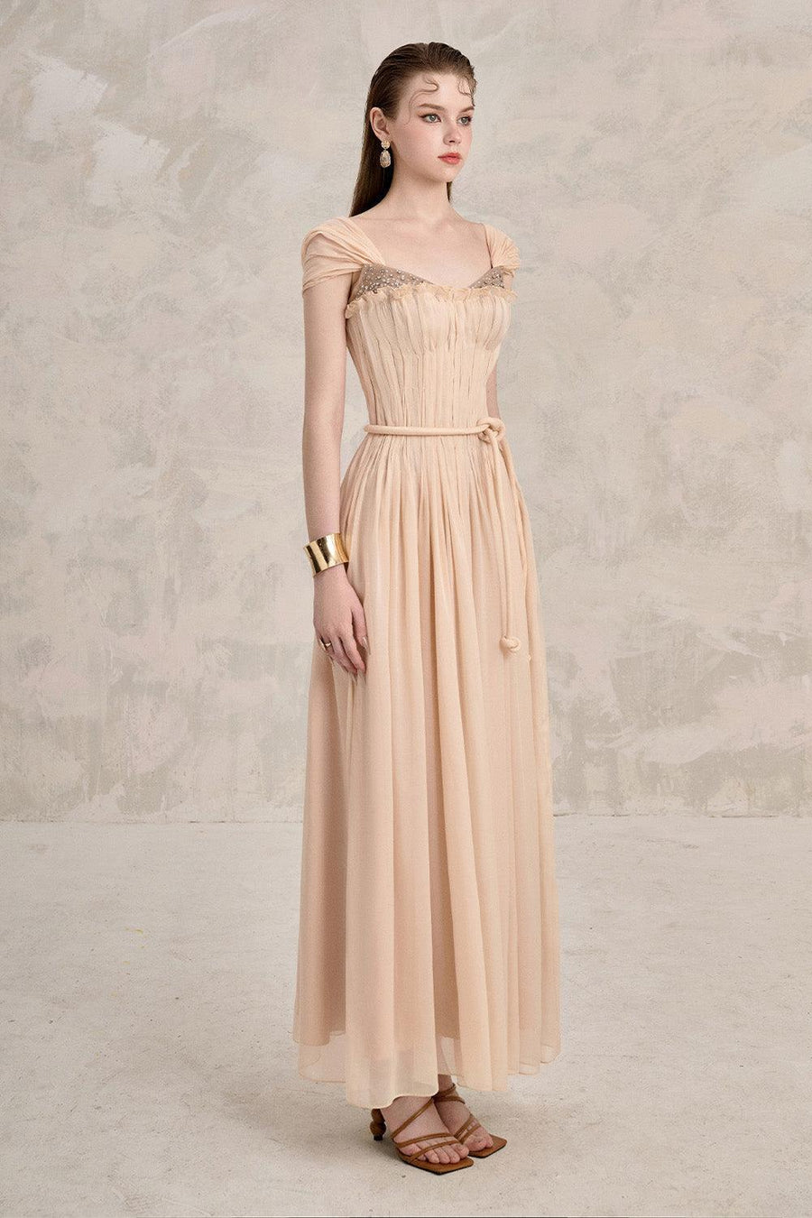 Dilana A-line Pleated Chest Chiffon Ankle Length Dress Light Yellow Maxi Dress LINH PHUNG