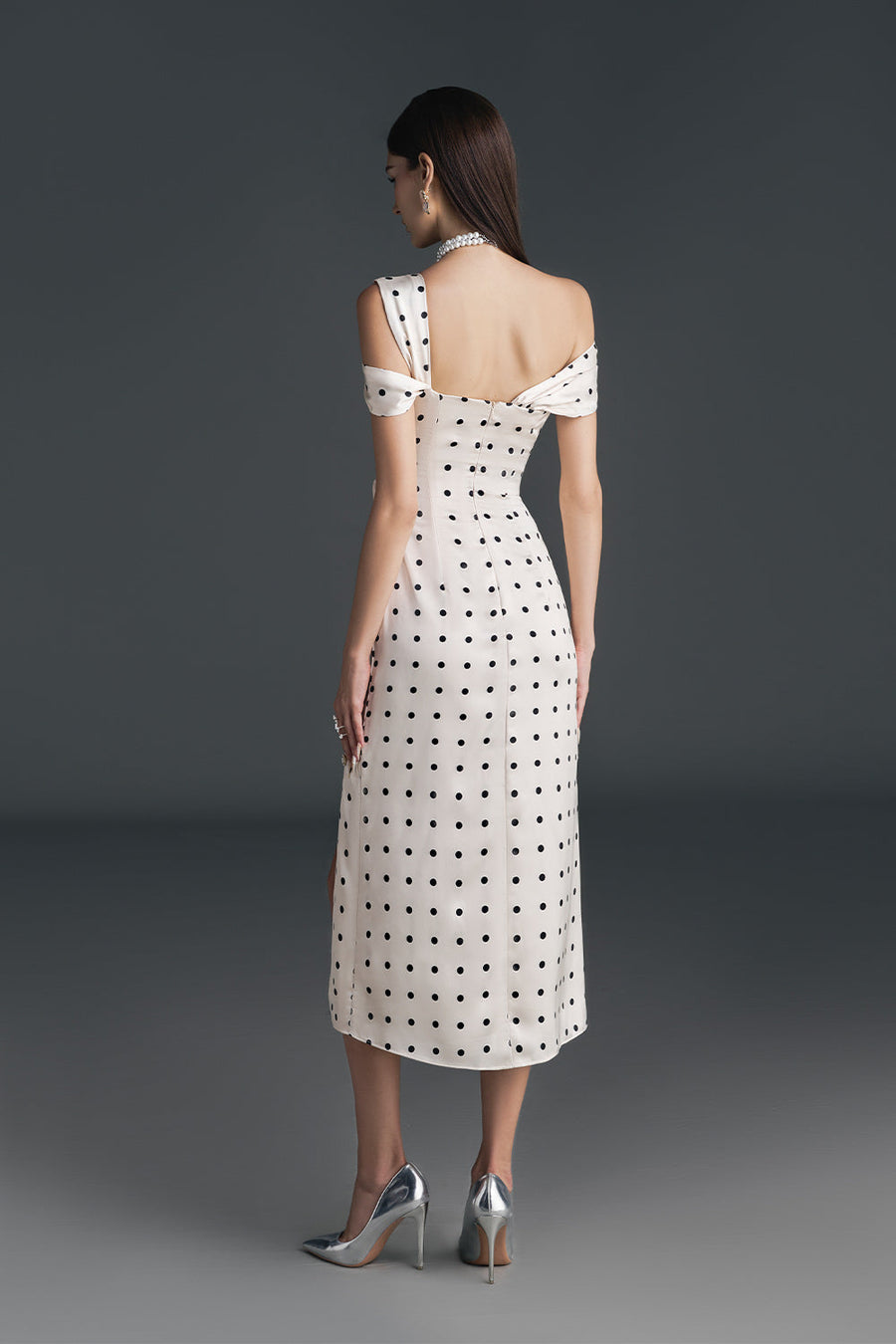 Dinna Slit Asymmetric Neck Silk Calf Length Dress Midi Dress NHAT VY