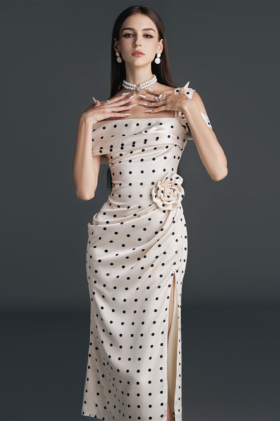 Dinna Slit Asymmetric Neck Silk Calf Length Dress Midi Dress NHAT VY