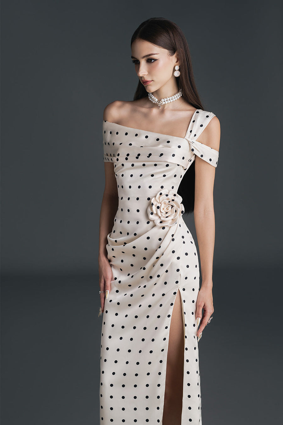 Dinna Slit Asymmetric Neck Silk Calf Length Dress Midi Dress NHAT VY