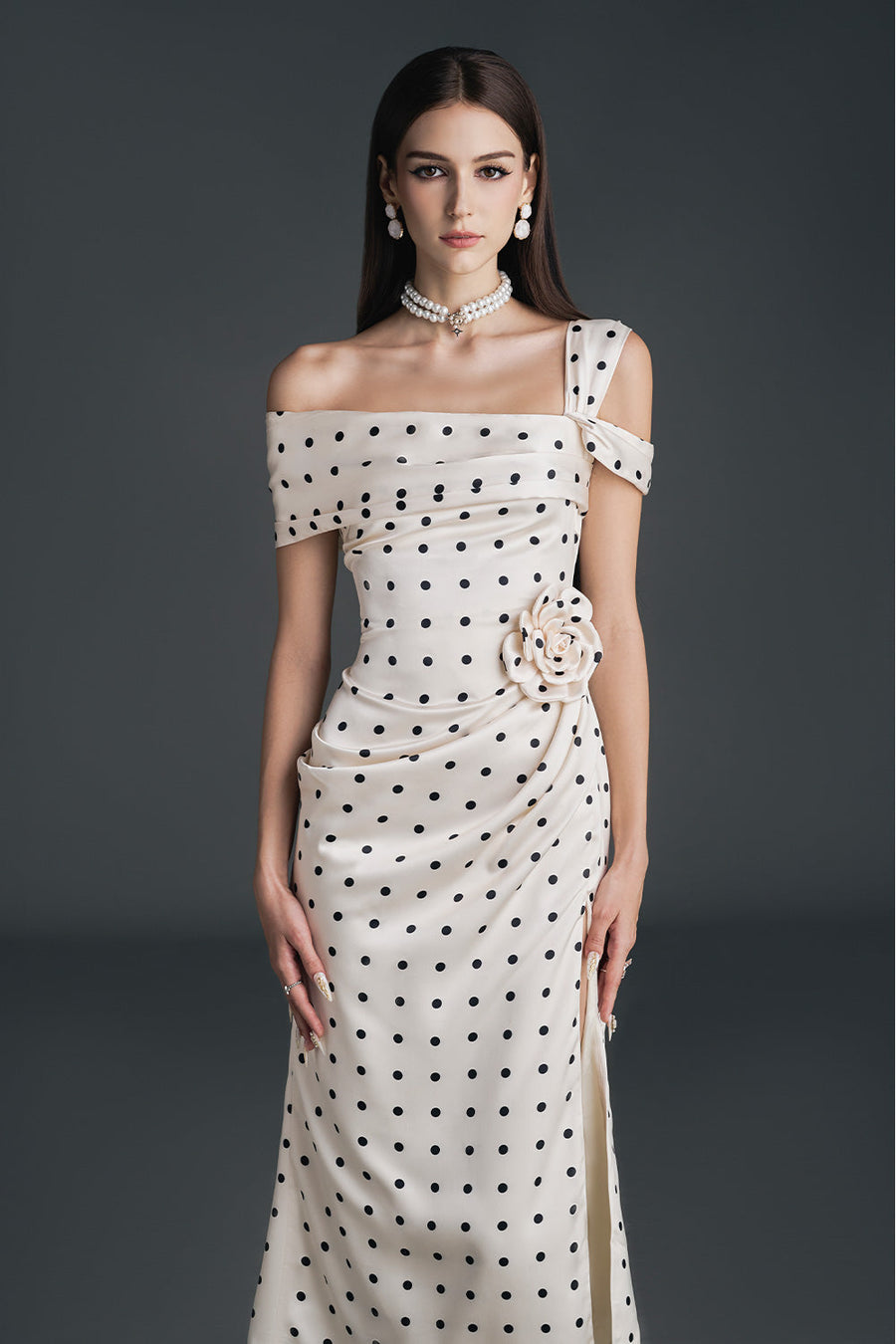 Dinna Slit Asymmetric Neck Silk Calf Length Dress Midi Dress NHAT VY