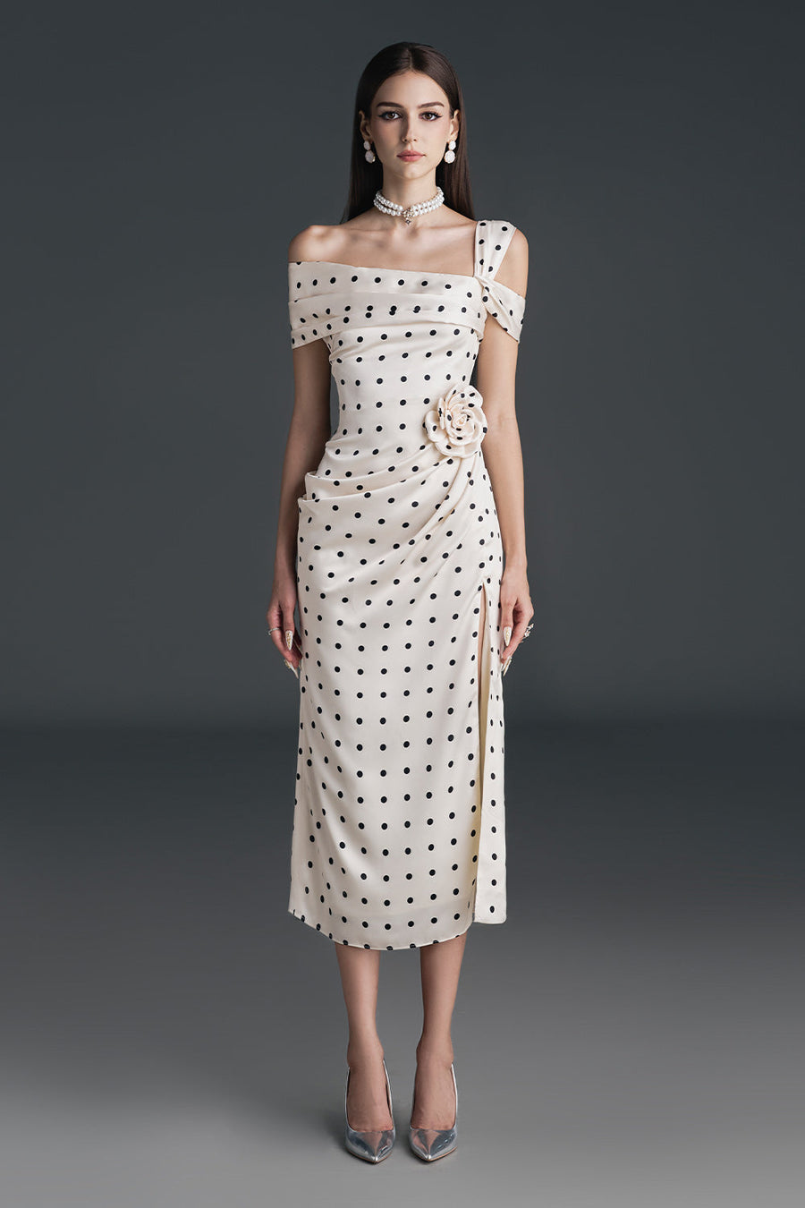 Dinna Slit Asymmetric Neck Silk Calf Length Dress Midi Dress NHAT VY