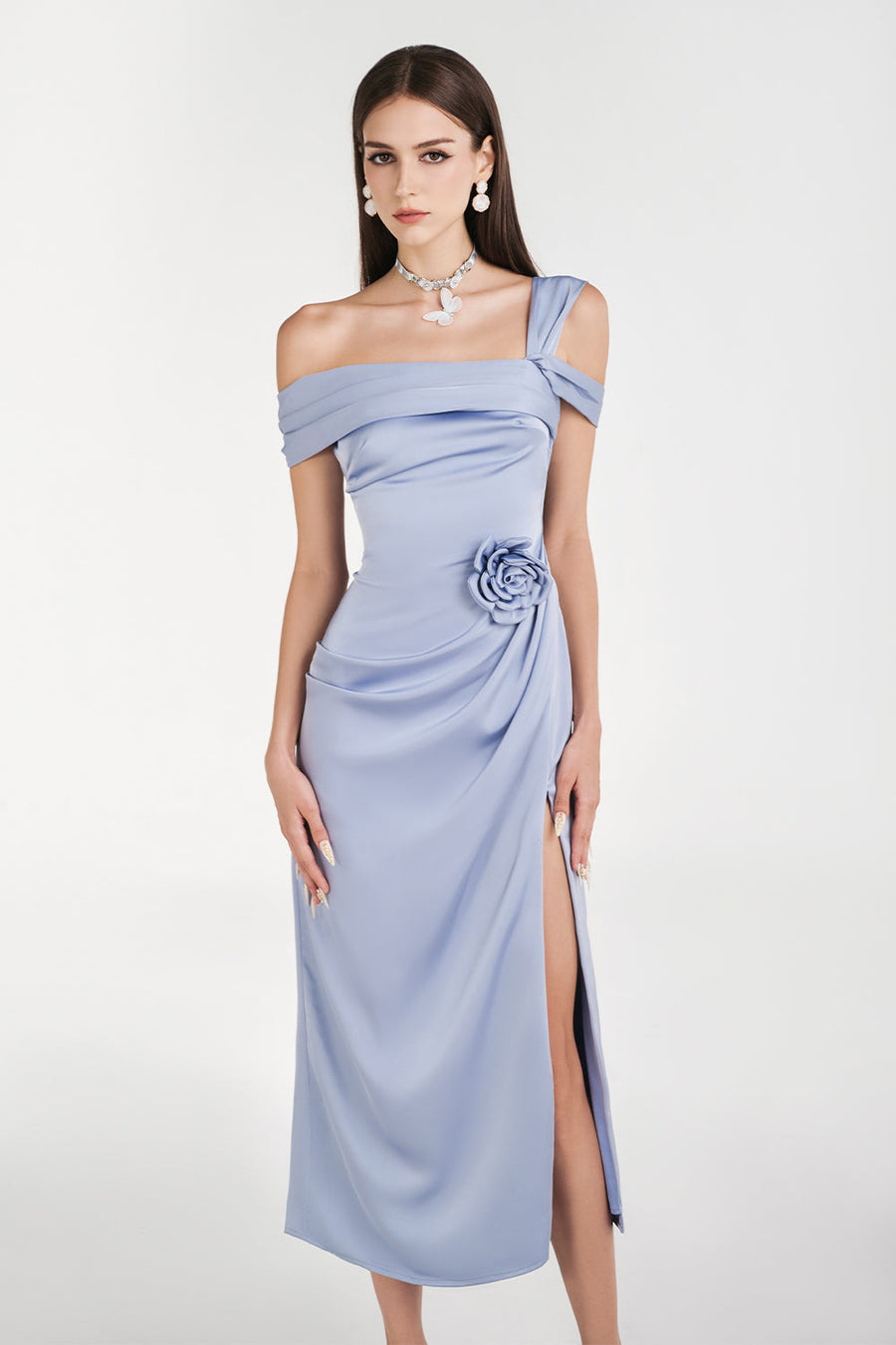 Dinna Slit Asymmetric Neck Silk Calf Length Dress Midi Dress NHAT VY
