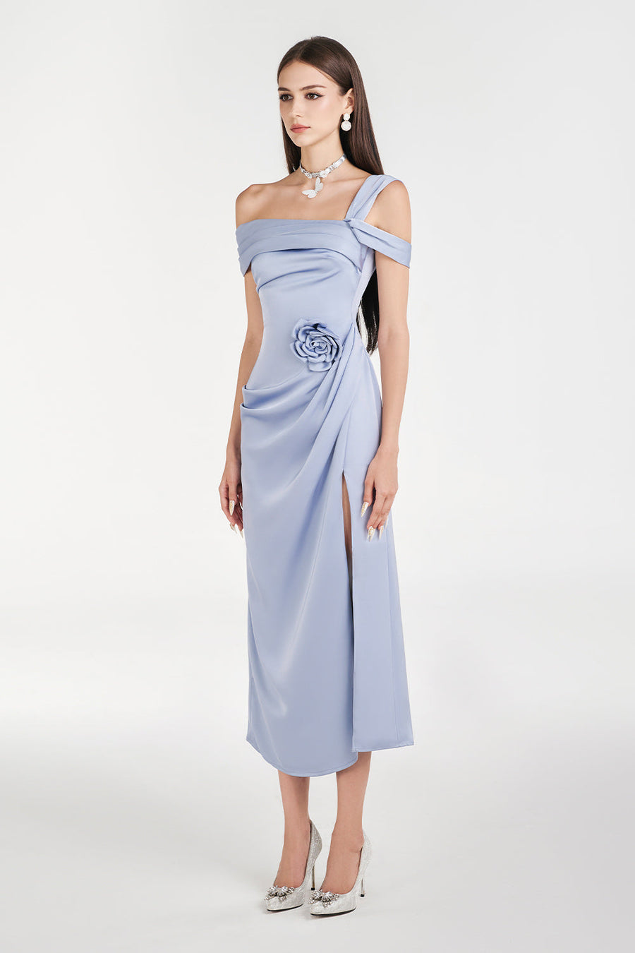 Dinna Slit Asymmetric Neck Silk Calf Length Dress Baby Blue Plain Midi Dress NHAT VY