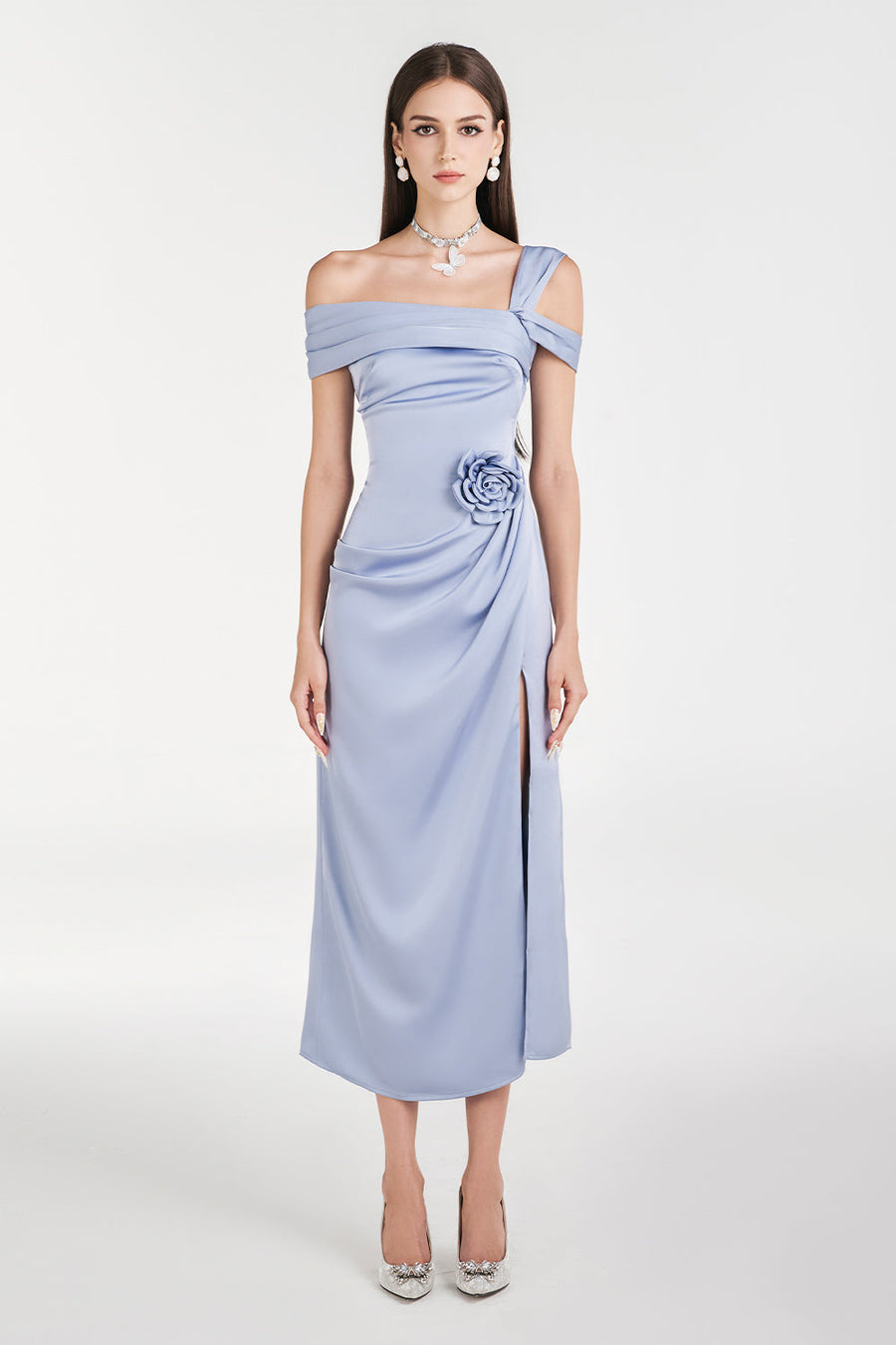 Dinna Slit Asymmetric Neck Silk Calf Length Dress Midi Dress NHAT VY