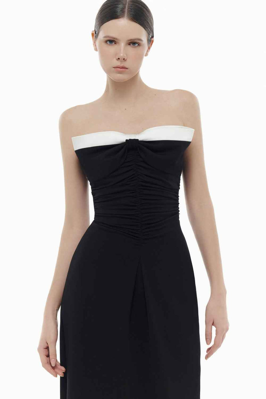 Dominique Sweetheart Draped Midi Dress
