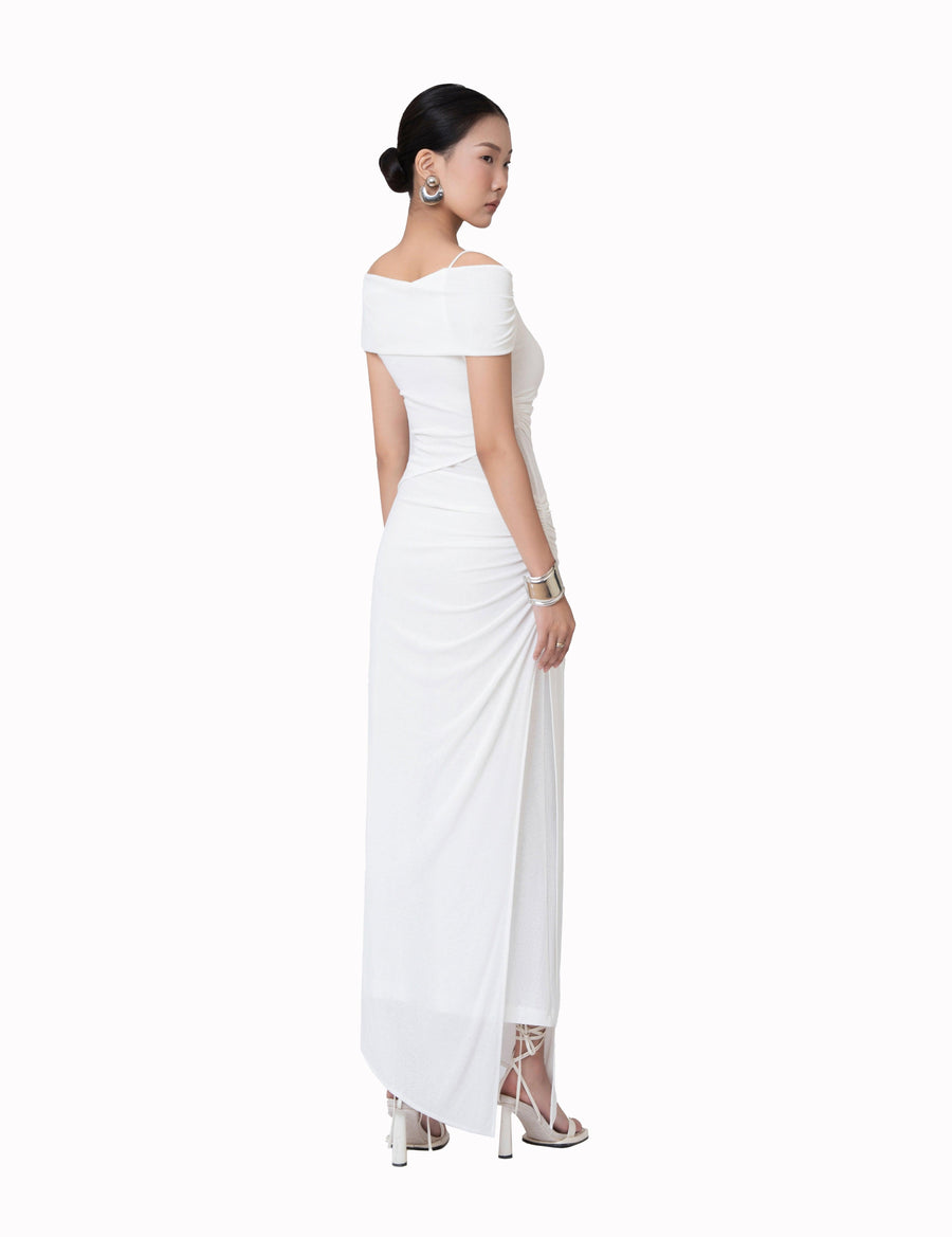 Ivory Sheath Asymmetric Neck Knit Floor Length Dress Maxi Dress Eegen Studio