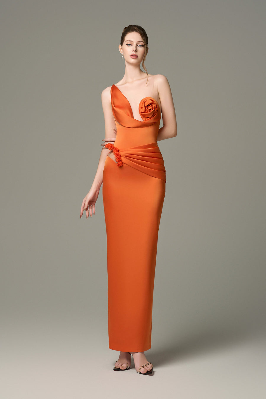 Elegant Silk Floral Bust Draped Maxi Dress 1