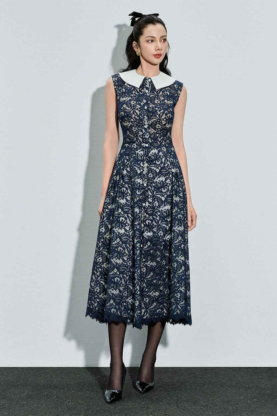 Amara A-line Side Pleated Lace Calf Length Dress