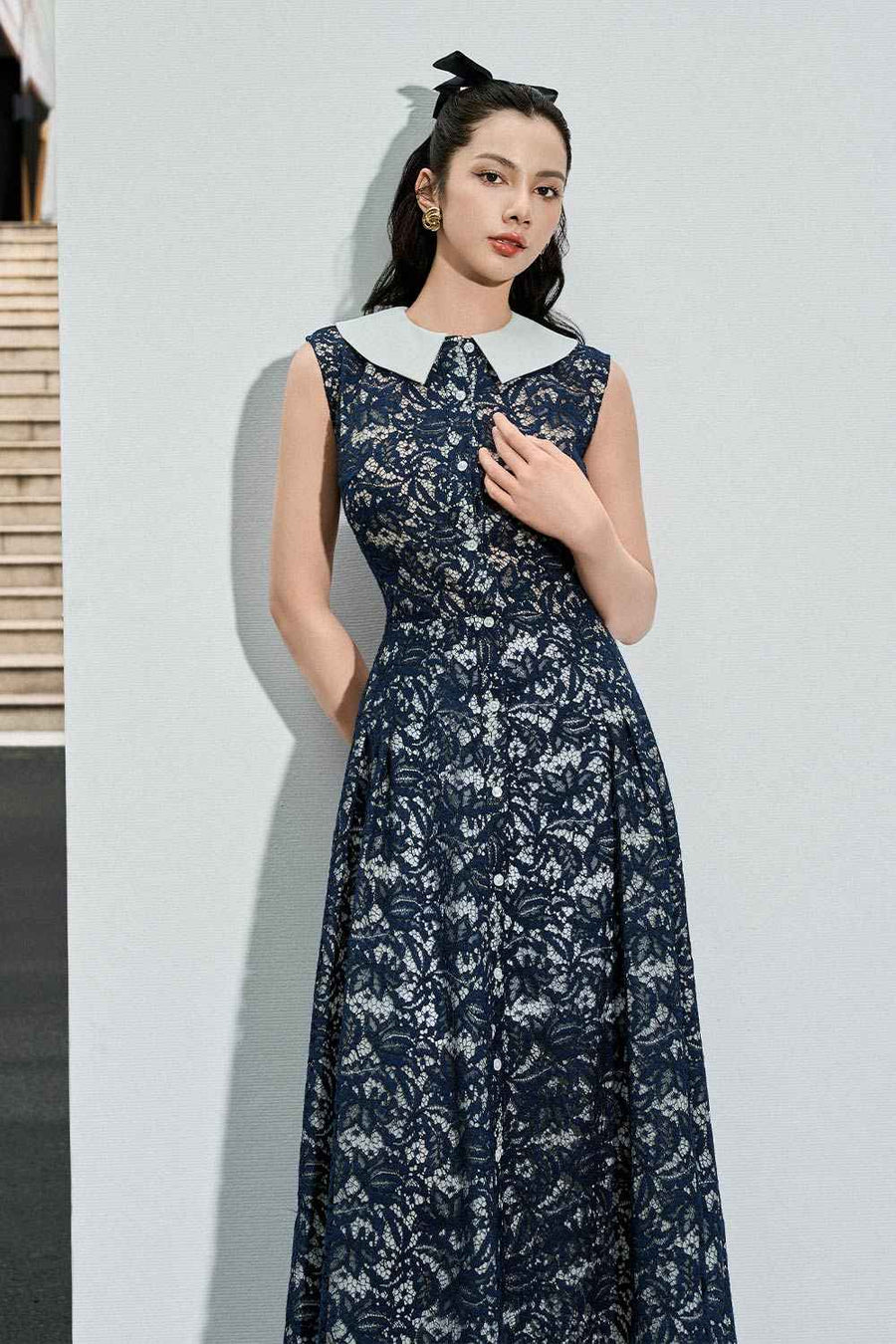 Amara A-line Side Pleated Lace Calf Length Dress