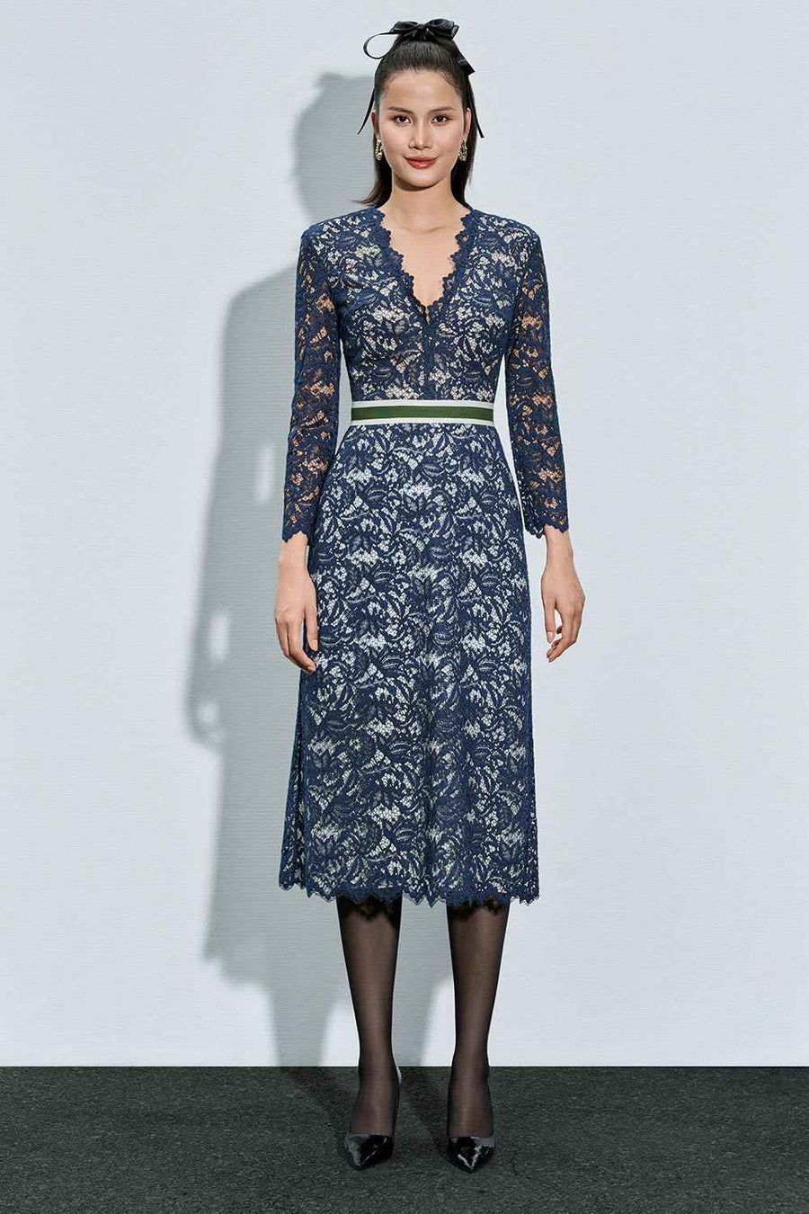 Rhea Sheath Plunge Neck Lace Calf Length Dress