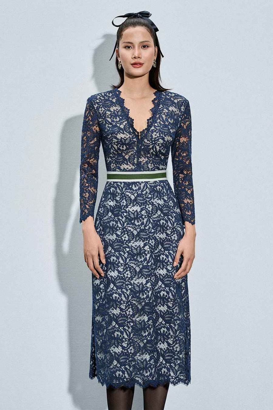 Rhea Sheath Plunge Neck Lace Calf Length Dress