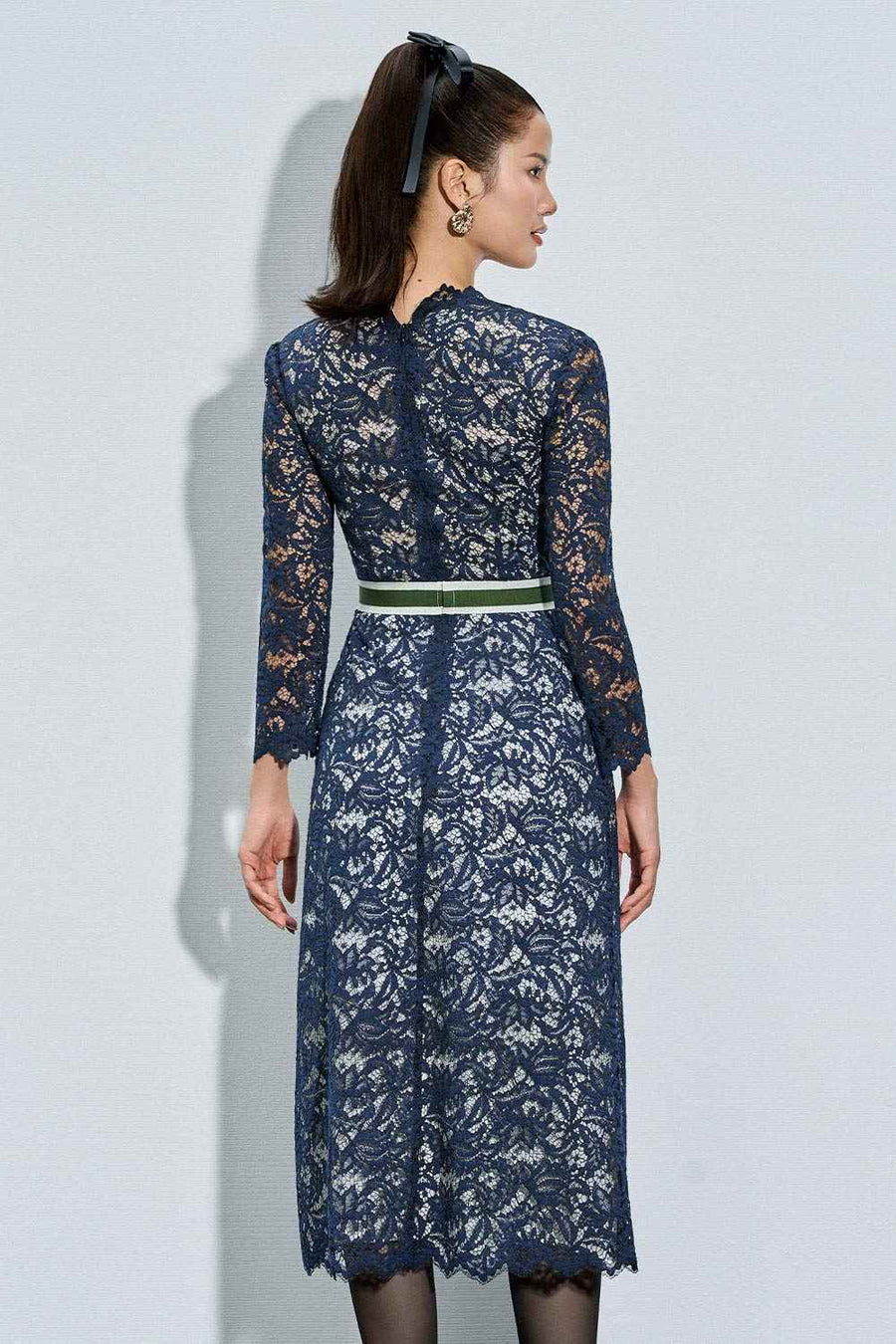 Rhea Sheath Plunge Neck Lace Calf Length Dress