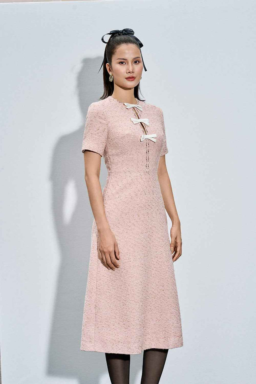 Mariah A-line Henley Neck Tweed Calf Length Dress