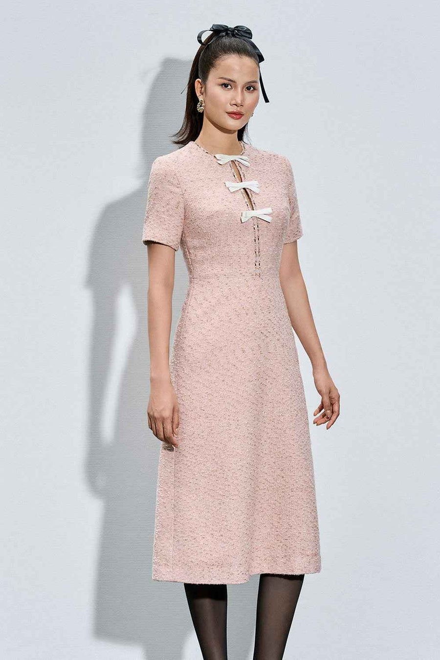 Mariah A-line Henley Neck Tweed Calf Length Dress
