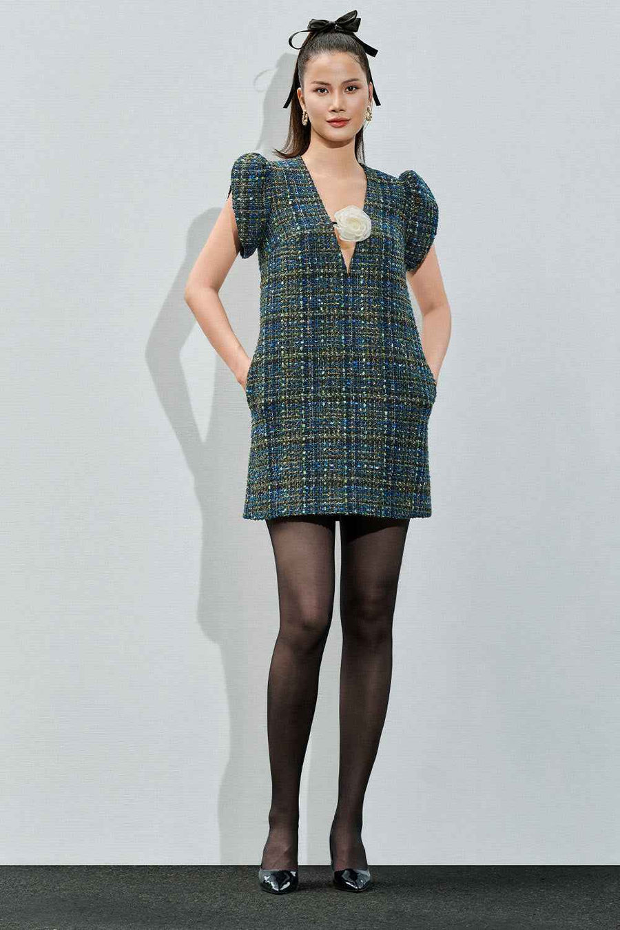 Paris Straight Puffy Sleeved Tweed Mini Dress