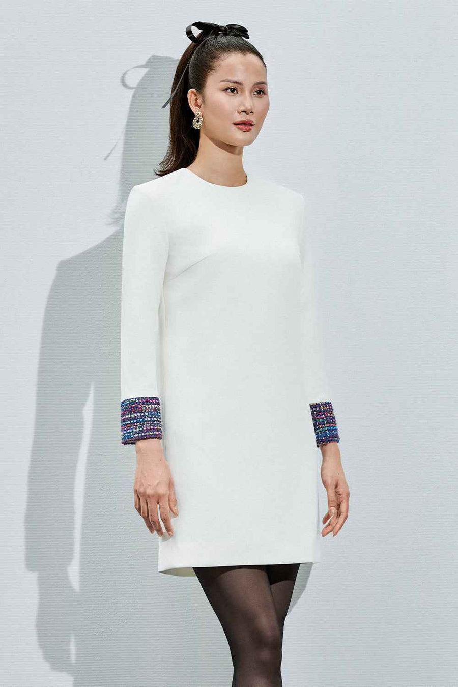 Raina Straight Cuff Sleeved Cotton Tweed Mini Dress